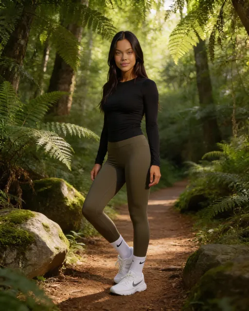 Prompt: @Ej1ZybQ8FGH7RBMsvNj9 A wellness lifestyle image of Noa hiking.
She is standing on a natural trail with greenery around.
Wearing athletic leggings and a fitted top in olive or black.
Relaxed, grounded posture.
Natural daylight.
Brand-safe outdoor wellness UGC.
V