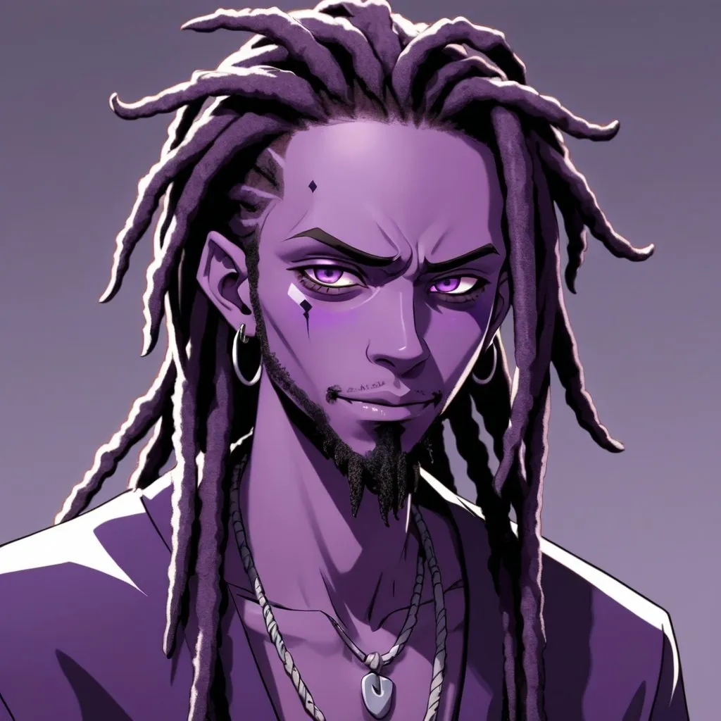 Prompt: 2d anime style, studio trigger, devil boy, purple skin, high cheek bones, clean fuzzy beard, long dread locs