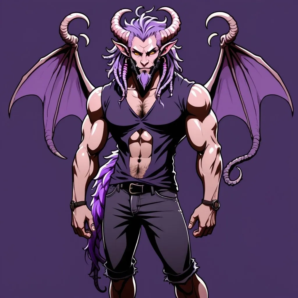 Prompt: Studio trigger anime style, purple tiefling, vertical horns, dragon wings,  dreadlocks,  black t-shirt, muscular, short fuzzy beard, satyr legs