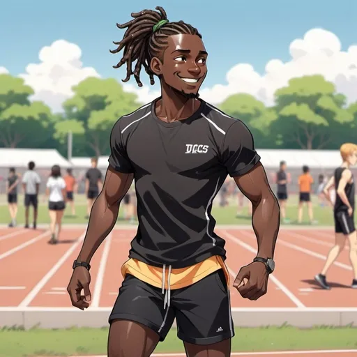 Prompt: 2d anime style, full body, profile angle, dark skin guy, hair in locs that are pulled back in a ponytail, clean shave, wearing a black shirt and matching shorts, at a track meet, smiling, studio trigger 