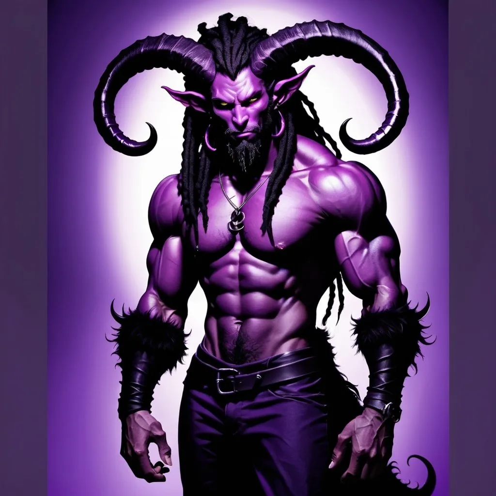 Prompt: Studio trigger, violet tiefling, tall black horns, long demon tail,  muscular, dreadlocks, tight black shirt, short fuzzy beard