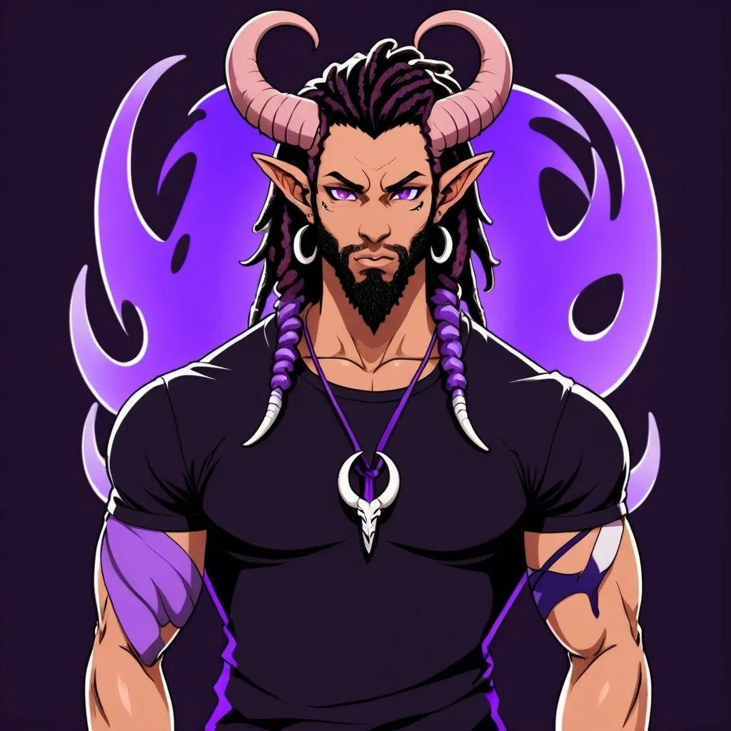 Prompt: Studio trigger anime style, purple tiefling, vertical horns, wings,  dreadlocks,  black t-shirt, muscular, short fuzzy beard