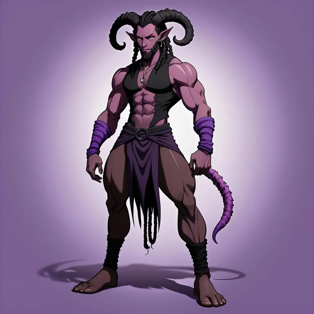 Prompt: 2d anime studio trigger style, tall muscular purple tiefling, black horns, prehensile tail, black muscle shirt, dread locs in ponytail, short fuzzy beard, satyr legs