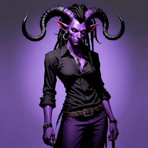 Prompt: Studio trigger, violet tiefling, tall black horns, long demon tail, dreadlocks, tight black shirt