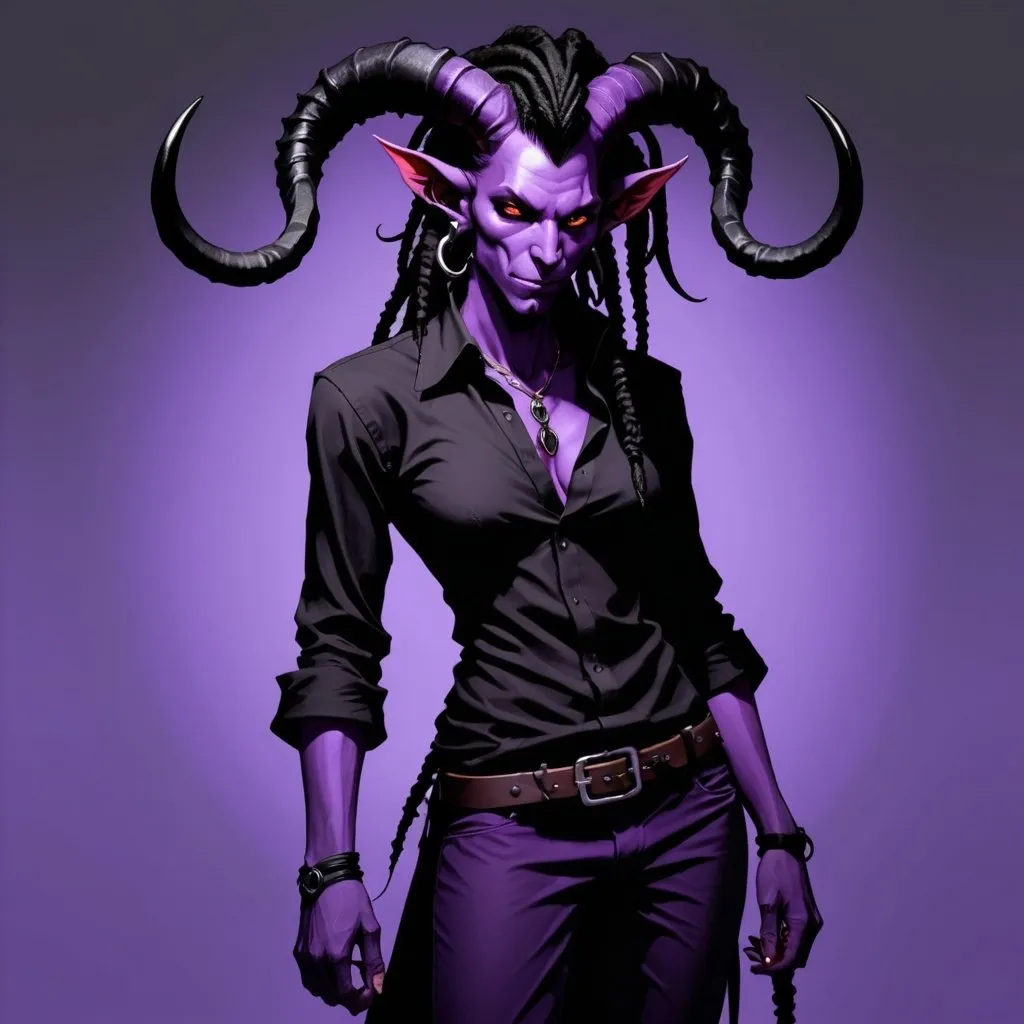 Prompt: Studio trigger, violet tiefling, tall black horns, long demon tail, dreadlocks, tight black shirt