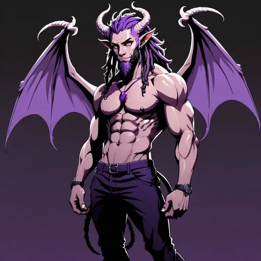 Prompt: Studio trigger anime style, purple tiefling, vertical horns, dragon wings,  dreadlocks,  black t-shirt, muscular, short fuzzy beard, satyr legs, 25 years old