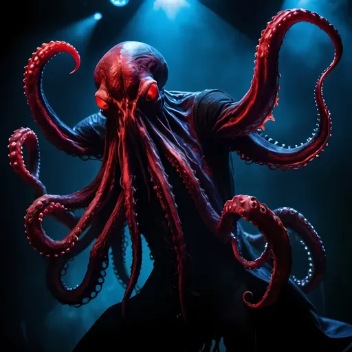 Prompt: Evil vampire octopus frontman of a death metal band, heinous, veins, intense red and black, demonic stage presence, detailed amphibian texture, high quality, dark and macabre, intense lighting, death metal, demonic, vibrant red black and blue, detailed texture, intense stage presence, professional, atmospheric lighting