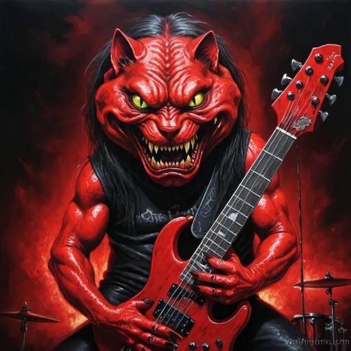 Prompt: Evil cat  frontman of a death metal band, oil painting, intense red and black, demonic stage presence, detailed amphibian texture, high quality, dark and macabre, intense lighting, death metal, oil painting, demonic, vibrant red and black, detailed texture, intense stage presence, professional, atmospheric lighting
