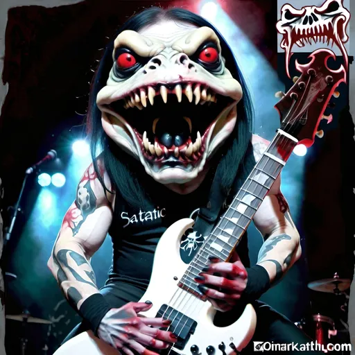 Prompt: Evil  bullfrog frontman of a death metal band, satanic tattoos, oil painting, intense red and black, demonic stage presence, detailed amphibian texture, high quality, dark and macabre, intense lighting, death metal, oil painting, demonic, vibrant red and black, detailed texture, intense stage presence, professional, atmospheric lighting