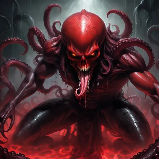 Prompt: Evil octopus frontman of a death metal band, nightmare, intense red and black, demonic stage presence, detailed amphibian texture, high quality, dark and macabre, intense lighting, death metal, oil painting, demonic, vibrant red and black, detailed texture, intense stage presence, professional, atmospheric lighting