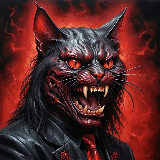 Prompt: Evil cat frontman of a death metal band, satanic, oil painting, intense red and black, demonic stage presence, detailed amphibian texture, high quality, dark and macabre, intense lighting, death metal, oil painting, demonic, vibrant red and black, detailed texture, intense stage presence, professional, atmospheric lighting