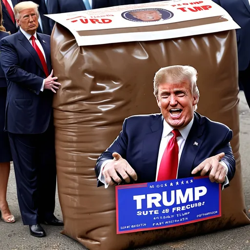 Prompt: President Trump selling a fresh turd with his face stamped on it.