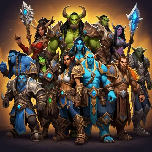 Prompt: vector art image of World of Warcraft characters of each race, class, and gender.