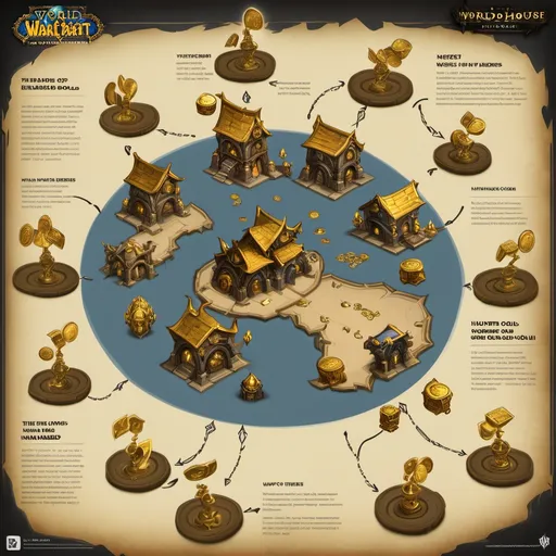 Prompt: A high-quality infographic showcasing the economic flow in World of Warcraft. The image includes three interconnected sections: Auction House, Quest Rewards, and Dungeon Loot. The Auction House features players trading items and gold, with arrows showing trends of gold influx and outflux. The Quest section shows NPCs handing out gold rewards to players, with floating gold coins and treasure bags. The Dungeon section depicts players battling a boss near a glowing treasure chest, with streams of gold flowing out. The background includes a fantasy-themed landscape inspired by World of Warcraft, with rich colors and dynamic labels clearly identifying each section. The design is clean and visually appealing, emphasizing the cycle of gold in the game's economy.