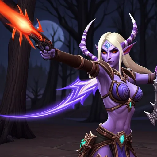 Prompt: world of warcraft blood elf hunter shooting a night elf hunter