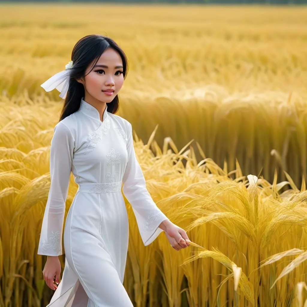 Prompt: A Vietnamese girl, wearing a white ao dai, walks on a golden rice field.