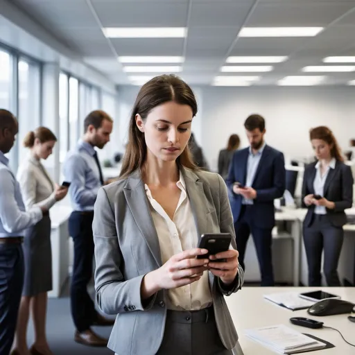 Prompt: a woman standing in an office looking at her cell phone while people stand in the background in a busy office, Evaline Ness, les automatistes, professional photo, a stock photo