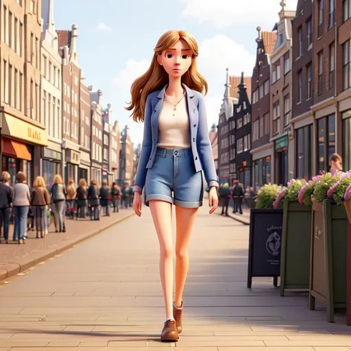 Prompt: Tall young woman walking down the high street in Amsterdam, detailed clothing, realistic, natural lighting