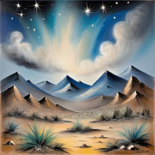 Prompt: a painting of a landscape with mountains and stars in the sky and a sky with clouds and stars above, Ettore "Ted" DeGrazia, post-impressionism, impressionist painting, an ultrafine detailed painting