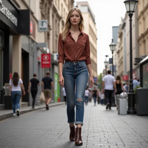 Prompt: Tall young woman walking down the high street, detailed clothing, realistic, natural lighting