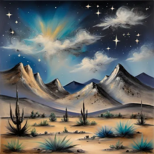 Prompt: a painting of a landscape with mountains and stars in the sky and a sky with clouds and stars above, Ettore "Ted" DeGrazia, post-impressionism, impressionist painting, an ultrafine detailed painting