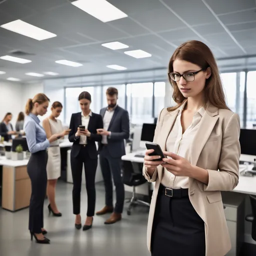 Prompt: a beatiful woman standing in an office looking at her cell phone while people stand in the background in a busy office, Evaline Ness, les automatistes, professional photo, a stock photo