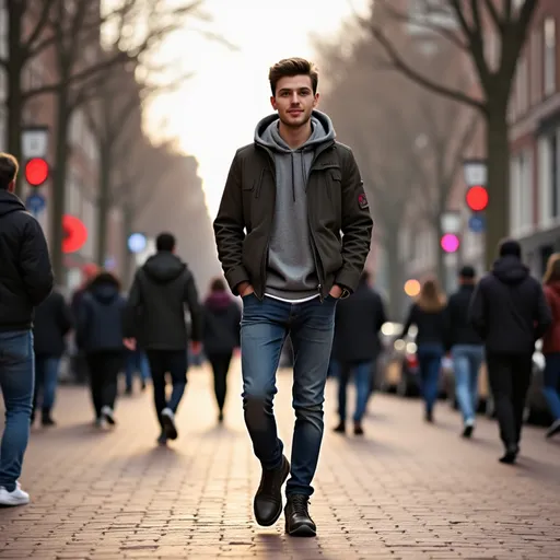 Prompt: Tall young man walking down the high street in Amsterdam, detailed clothing, realistic, natural lighting