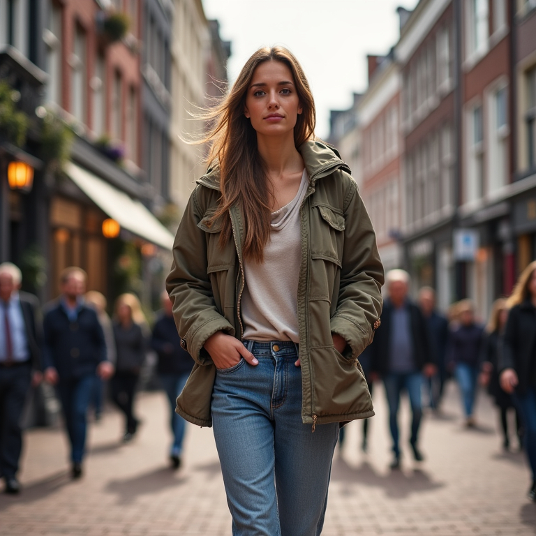 Prompt: Tall young women walking down the high street in Amsterdam, detailed clothing, realistic, natural lighting