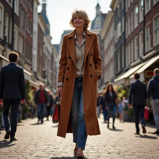 Prompt: Tall 50 years old woman walking down the high street in Amsterdam, detailed clothing, realistic, natural lighting