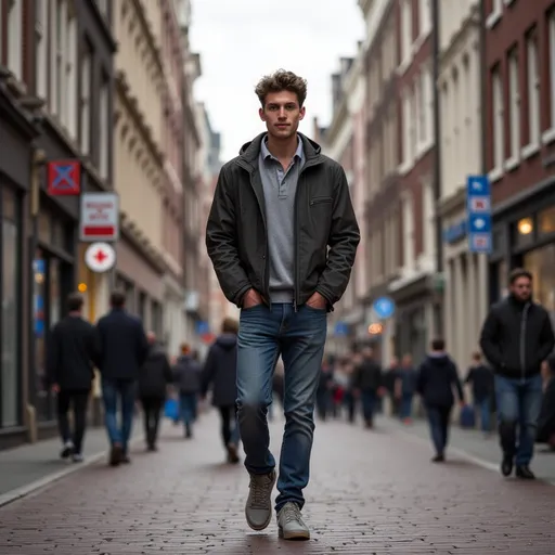 Prompt: Tall young man walking down the high street in Amsterdam, detailed clothing, realistic, natural lighting