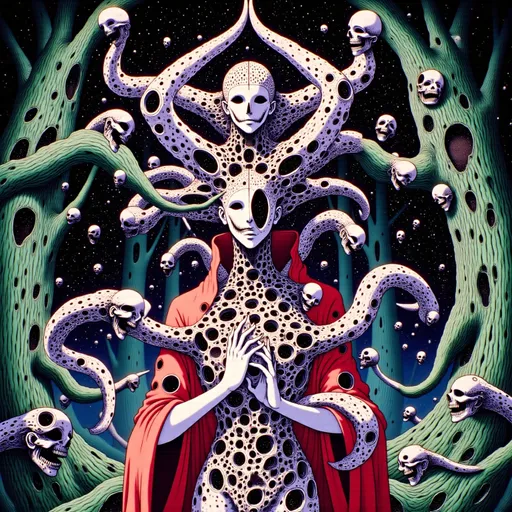 Prompt: ((Cosmic priest)) (((Swampy survice))) ((Beaming light))Psychedelic trip Full body squid tentacles overlap, Snake tenticles several different paintings stacked on top of each other, in the style of intricate collage, fauvist-fantasy, algorithmic artistry, red violet and teal and gold, intricate still lifes, textile arts, psychedelic figuration --ar 64:45 --s 750
