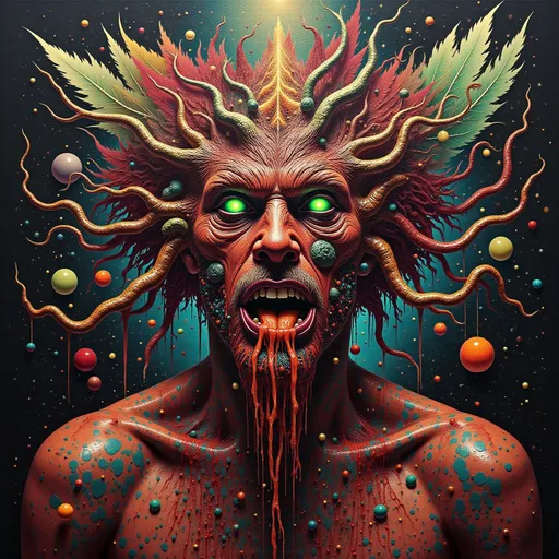 Prompt: Gold jewels overlap, several different paintings stacked on top of each other, space entity with neon gold green flesh blood , [deep Red and black] in the style of psychedelic art, expressive textural quality, photo-realistic techniques, vibrant colorful palette, hurufiyya, 32k uhd, fluid dynamic brushwork, realistic hyper-detailed portraits, soft angles,, ukiyo-e, I can’t believe how beautiful this is --ar 9:16 --style raw --niji 6
