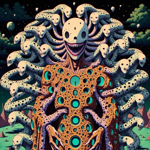 Prompt: ((Cosmic priest)) (((Swampy survice))) ((Beaming light))Psychedelic trip Full body squid tentacles overlap, Snake tenticles several different paintings stacked on top of each other, in the style of intricate collage, fauvist-fantasy, algorithmic artistry, red violet and teal and gold, intricate still lifes, textile arts, psychedelic figuration --ar 64:45 --s 750