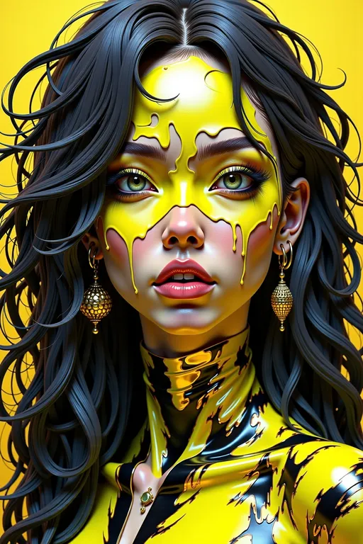 Prompt: Black leather background, Editorial Vivienne Tam photography of a gothic punk rebel caucasian girl [woman] with neon chrome and  black tattoos  [Yellow and black], in the style of abstract art, expressive textural quality, photo-realistic techniques, vibrant colorful palette, hurufiyya, 32k uhd, fluid dynamic brushwork, realistic hyper-detailed portraits, curvy angles, hard-edged painting, ukiyo-e, I can’t believe how beautiful this is --ar 9:16 --style raw --niji 6
