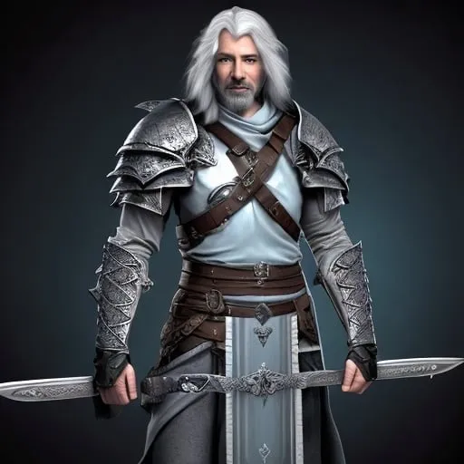 Prompt: DND Character 
Race: Aasimar
Class: Paladin
Status: Righteous
Armor: Plate
Clothing: Black and white
GENDER: Male
SKIN: very light blue
EYES: white lights
SIZE: well-proportioned human medium
HEIGHT: 5' 10"
HAIR: Long Grey
Facial Hair: None
AGE: 36
WEIGHT: 200 lbs
Weapon: sword and shield