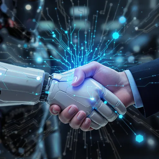 Prompt: create a picture of two hands shaking. A robot and a human with a techy background
 