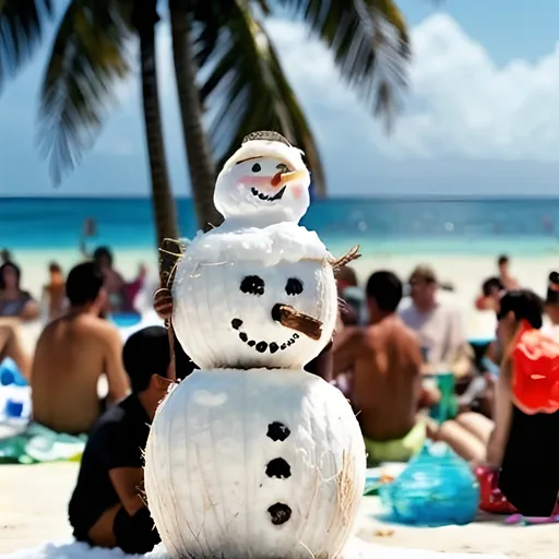 Prompt: snowman drinking coconut in tropical beach on a crowd