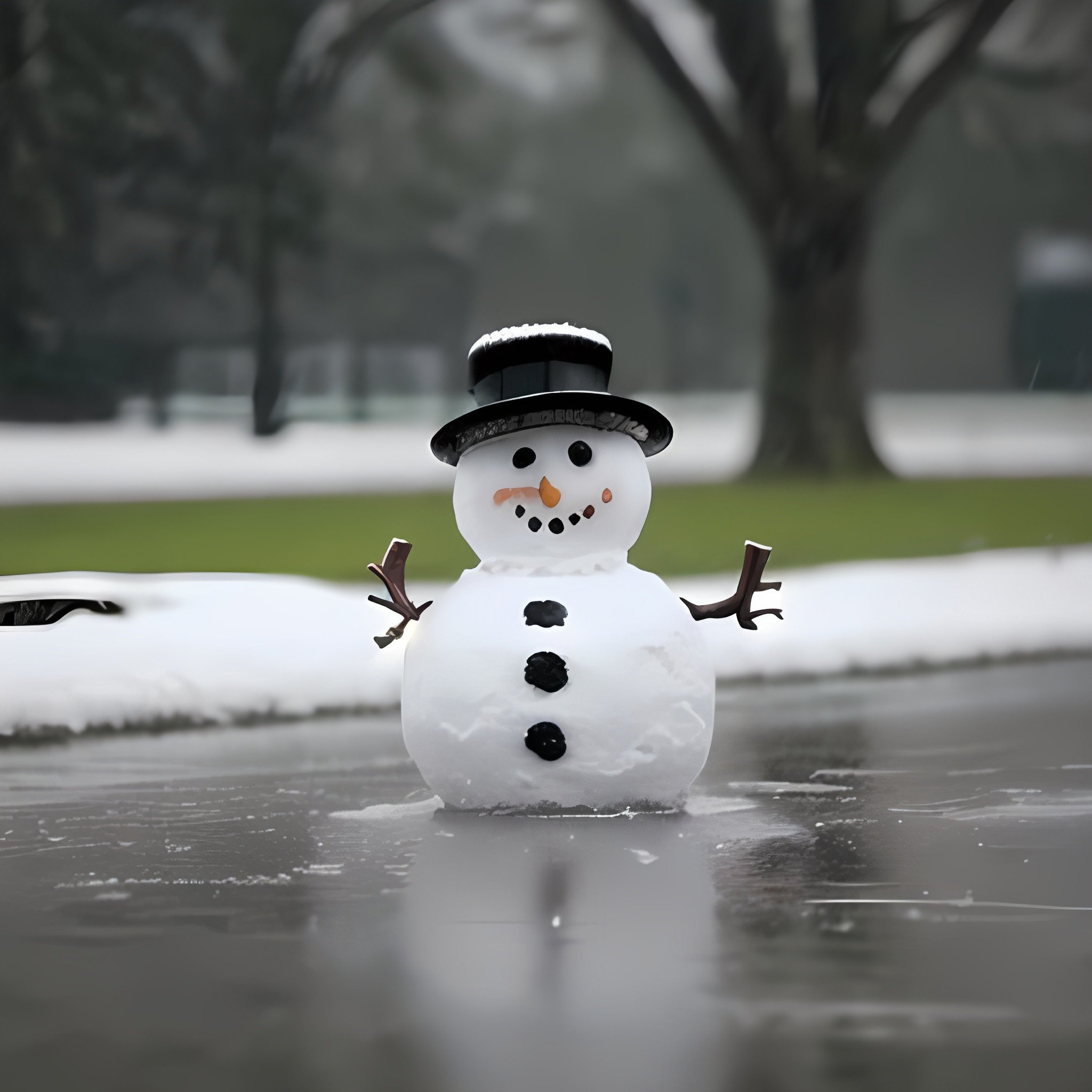 a snowman running in rain