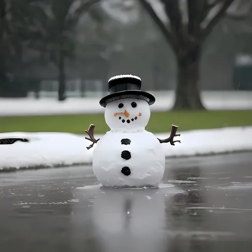 Prompt: a snowman running in rain