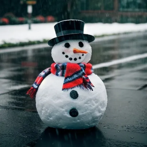 Prompt: a snowman walking in rain