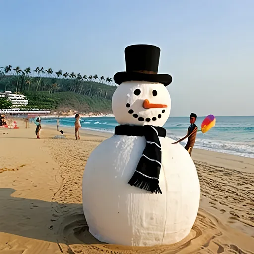 Prompt: a giant snowman in the pataya beach