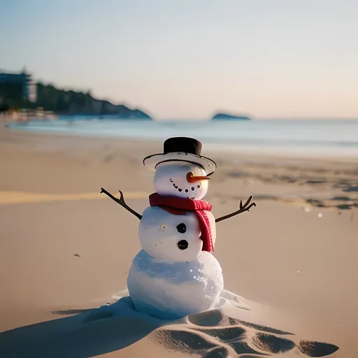 Prompt: snowman standing in summer beach