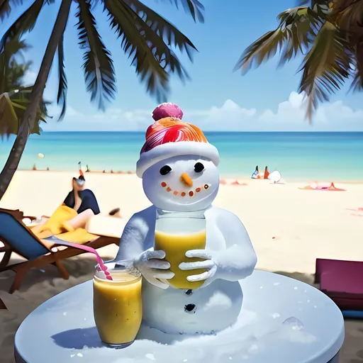 Prompt: snowman drinking smoothie in a tropical beach on a crowd