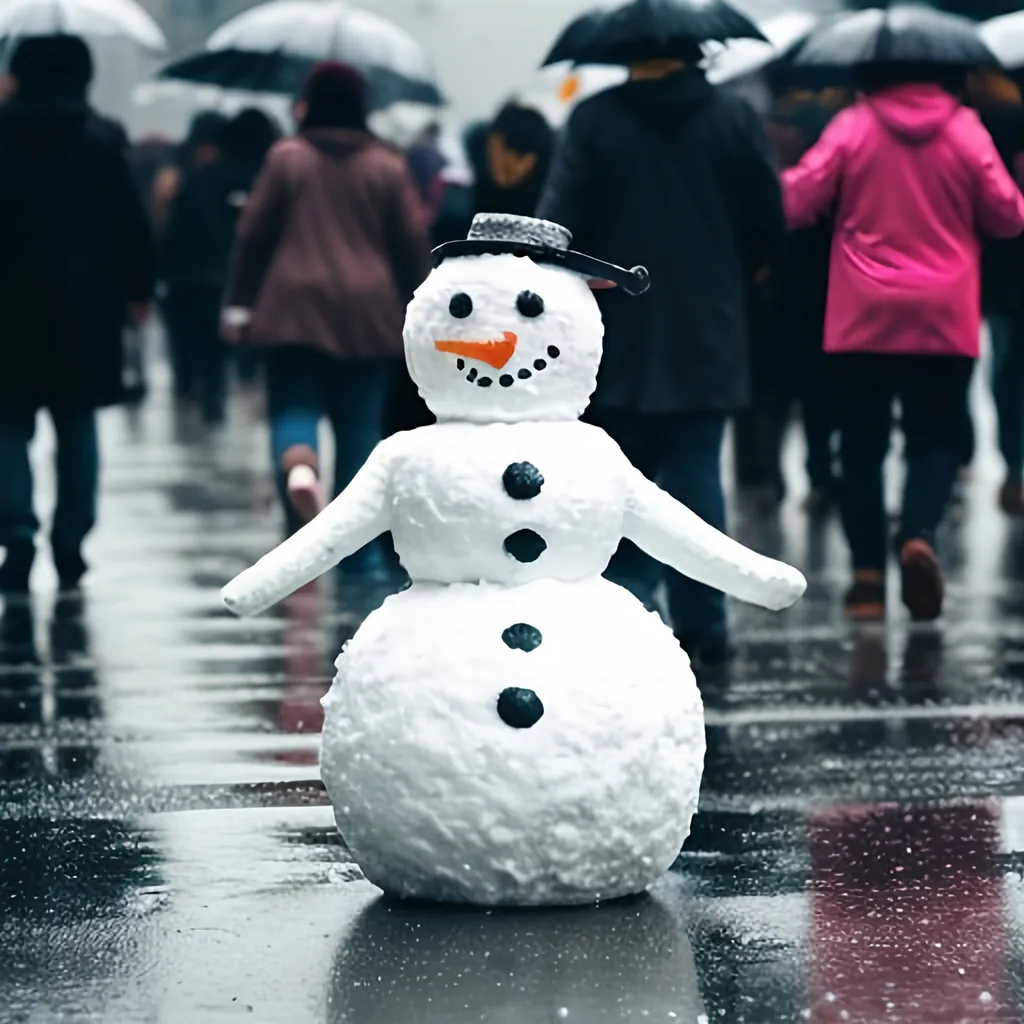 Prompt: snowman walking on a rainy day on the crowd