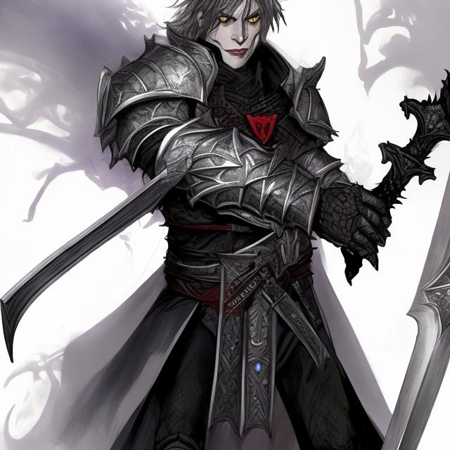 Prompt: Half vampire, Paladin,D&D, fantasy, heavy armor,men, white hair,Carries a two-handed sword