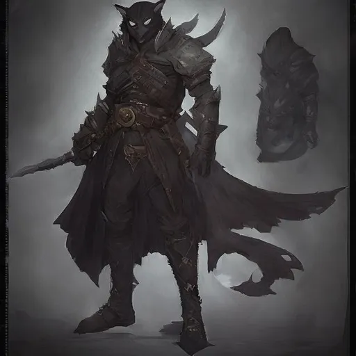 Prompt: catfolk adventurer  dnd character art, black cat, red eyes,magus, Two-handed weapon,Black dressed, tall,Massive in heavy armor, vampire,Visible depressive face