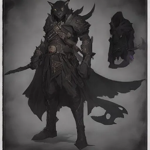 Prompt: catfolk adventurer  dnd character art, black cat, red eyes,magus, Two-handed weapon,Black dressed, tall,Massive in heavy armor, vampire,Visible depressive face