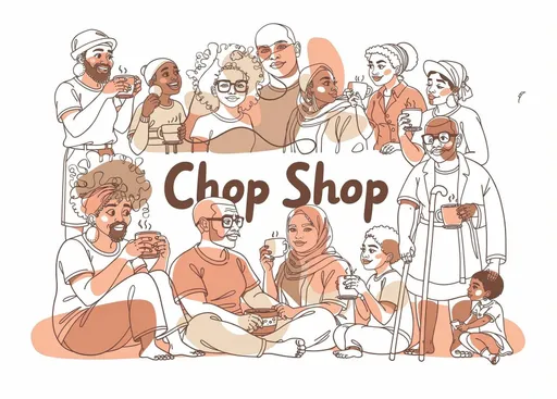 Prompt: The words 'Chop Shop' in large words in the middle on a white background. African community sat around it. Some sitting and drinking coffee, some talking. Children playing. old man with walking stick.All of them happy and enjoying themselves. all illustrated as a continuous line drawing. Beautiful, balanced and mature