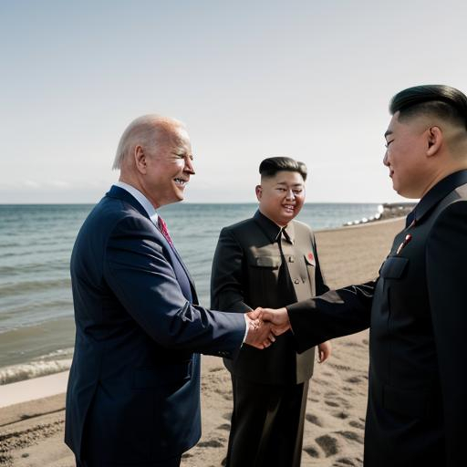 Prompt: Joe Biden at the beach meeting Kim Jong Un