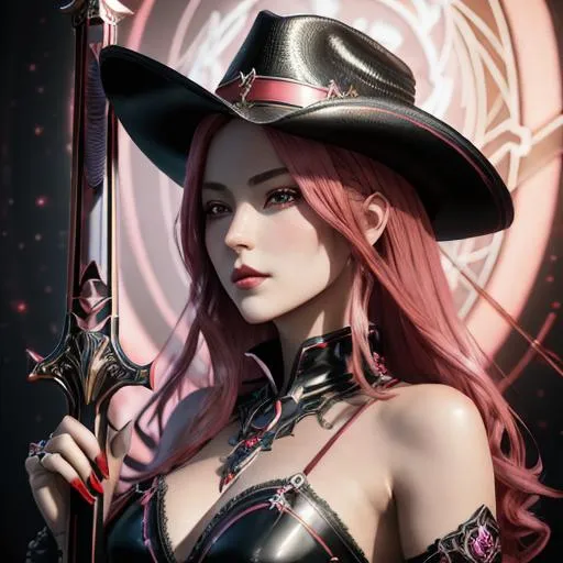 Prompt: Beautiful anime glamorous vampiric woman with red-pink hairs, wearing brown cowboy hat, holding sword, symmetrical face, the illumination inside is bright, 3 d model, very coherent symmetrical artwork, unreal engine realistic render, 8 k,4k, UHD, micro detail, clear glass intricate details, portrait of a beautiful person, elegant, highly detailed, digital painting, artstation, smooth, sharp focus, aeolian, crystal schoulders, background aristocratic house,  wlop, white ceramic white skin,half body image, portrait, looking at viewer,